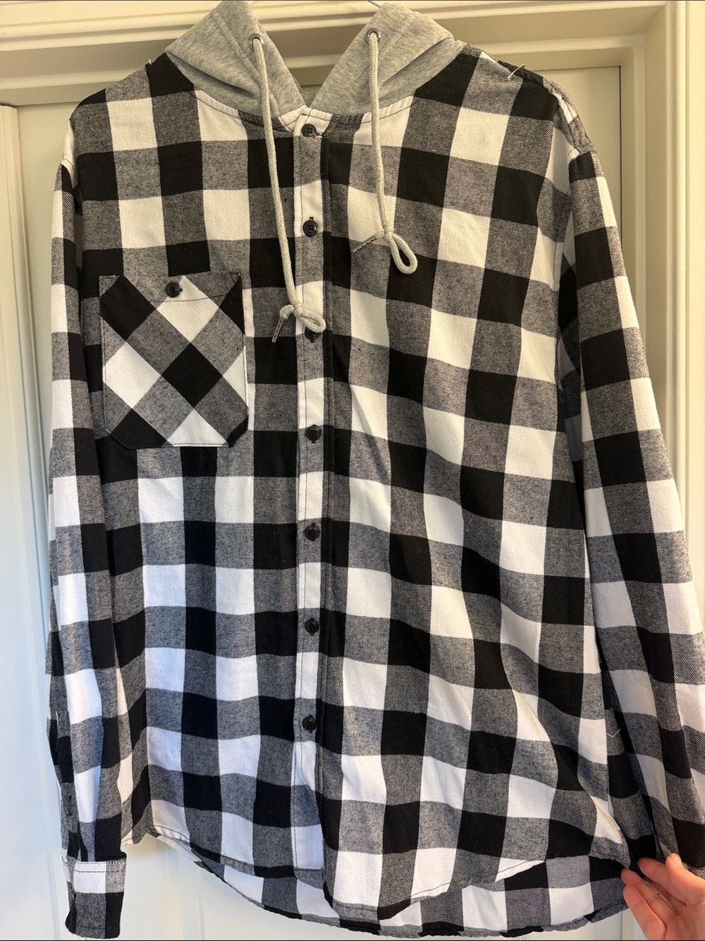 Black & White Buffalo Plaid Hooded Flannel Shirt